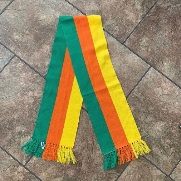 Retro 70’s Knit Scarf Orange Yellow Green Long 62” Acrylic Fringe - Picture 2 of 8